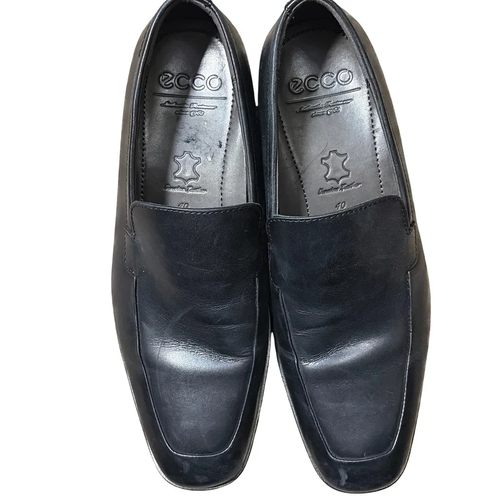 ECCO Loafers Men Size 40‎ Black Genuine Leather Square Toe Slip On Dress Shoes
